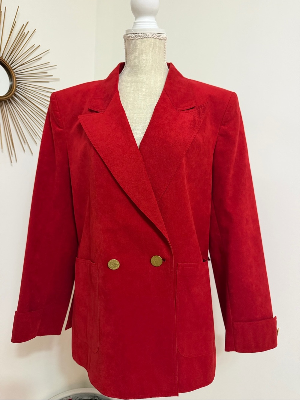 Ultrasuede Double Breasted Red Blazer Jacket Gold Buttons Size 10 Vintage